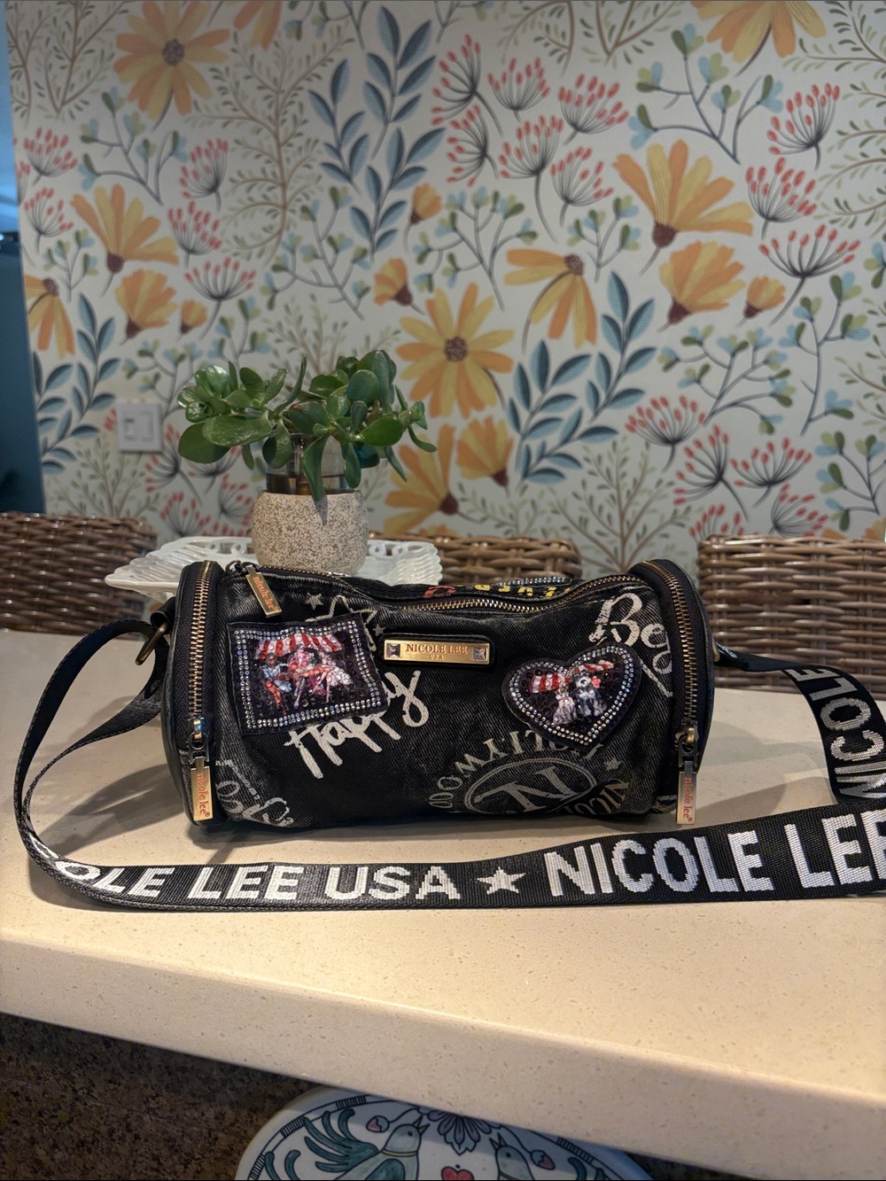 Nicole Lee Black Graffiti Barrel Crossbody Bag with Crystal- Embellished Patches